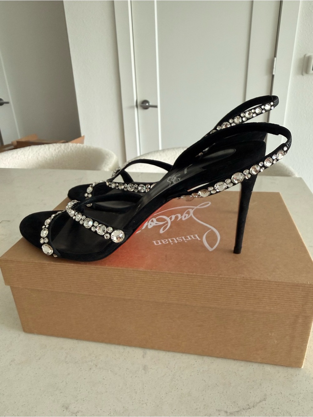 Christian Louboutin Emilie Black Crystal-Strap Evening Heels - Picture 3 of 5